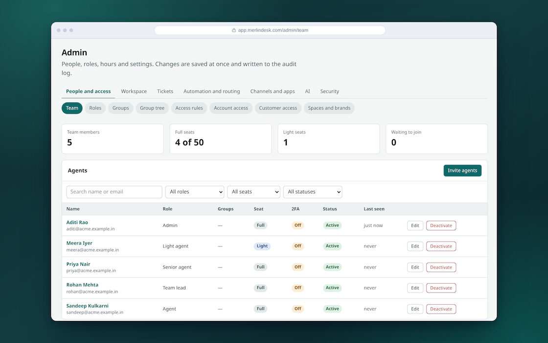 The MerlinDesk settings area, with tabs for people and access, workspace, tickets, automation and routing, channels and apps, AI and security.