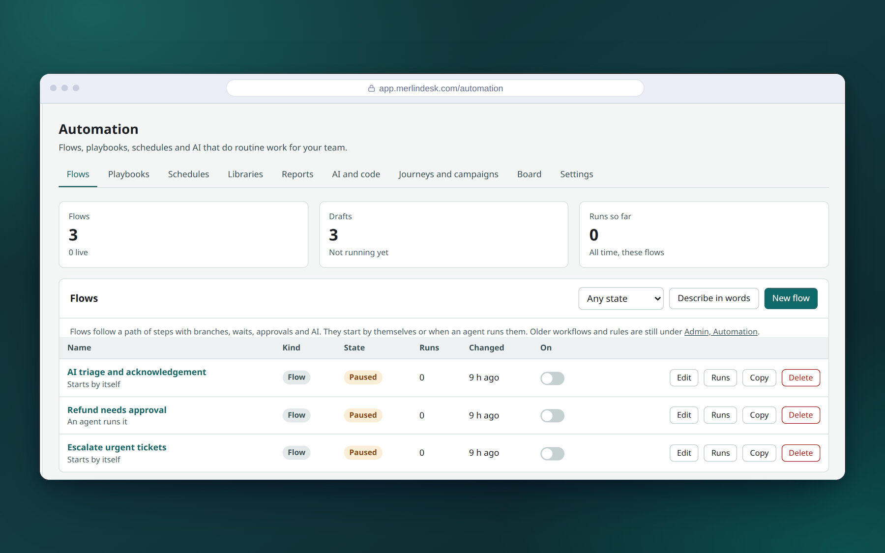 The automation screen in MerlinDesk, where rules for sorting and chasing requests are set up.