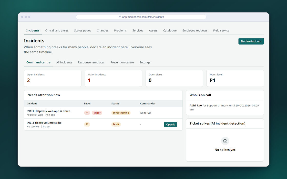 The faults and outages screen in MerlinDesk, listing incidents with how serious each one is and who is dealing with it.