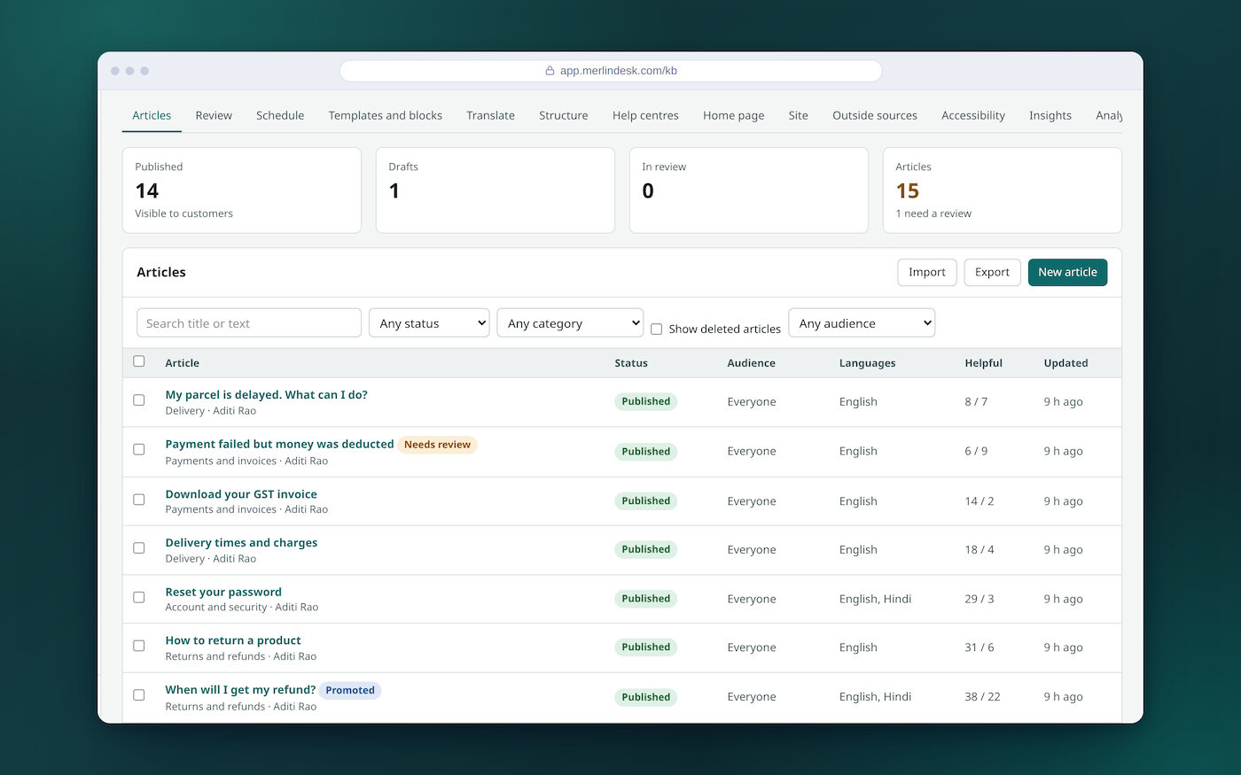 The help article list in MerlinDesk, with each article's topic, language and state, and how many customers found it useful.