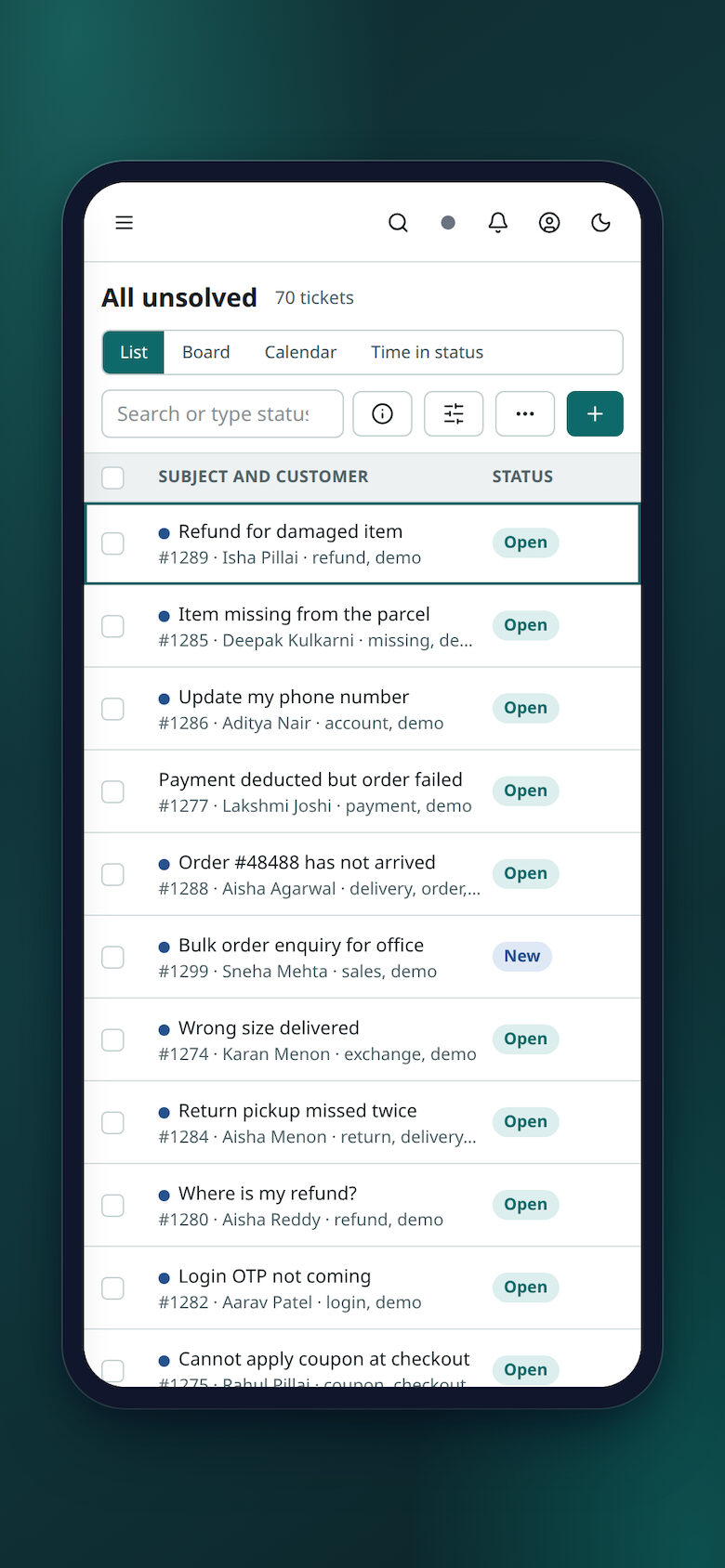 The ticket list on a phone.