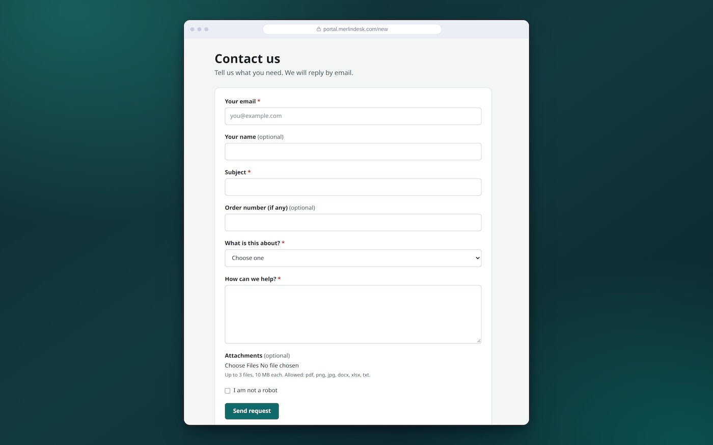 The form a customer fills in to send a new request.
