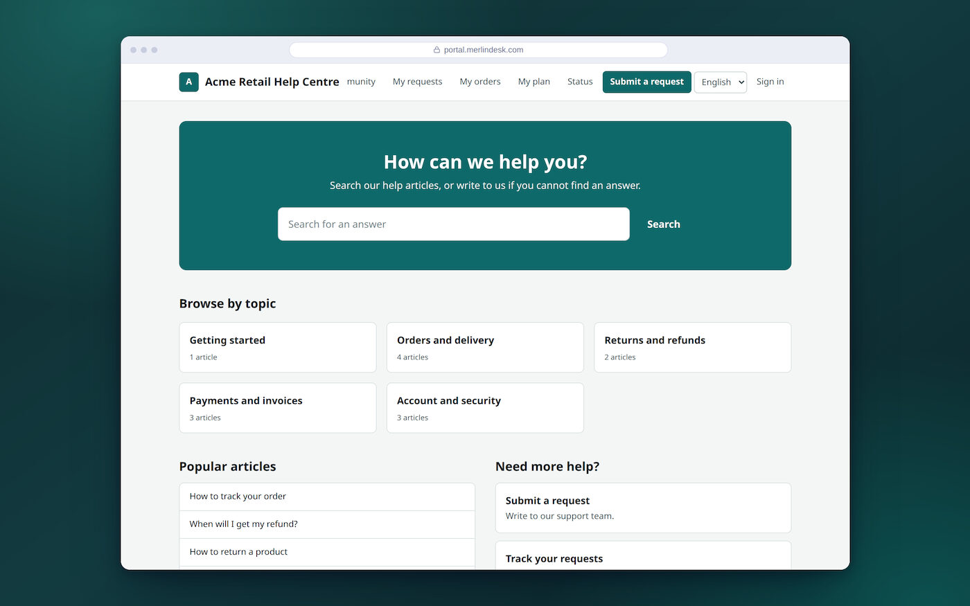 The public help page: a search box, the topic tiles and the most read articles.