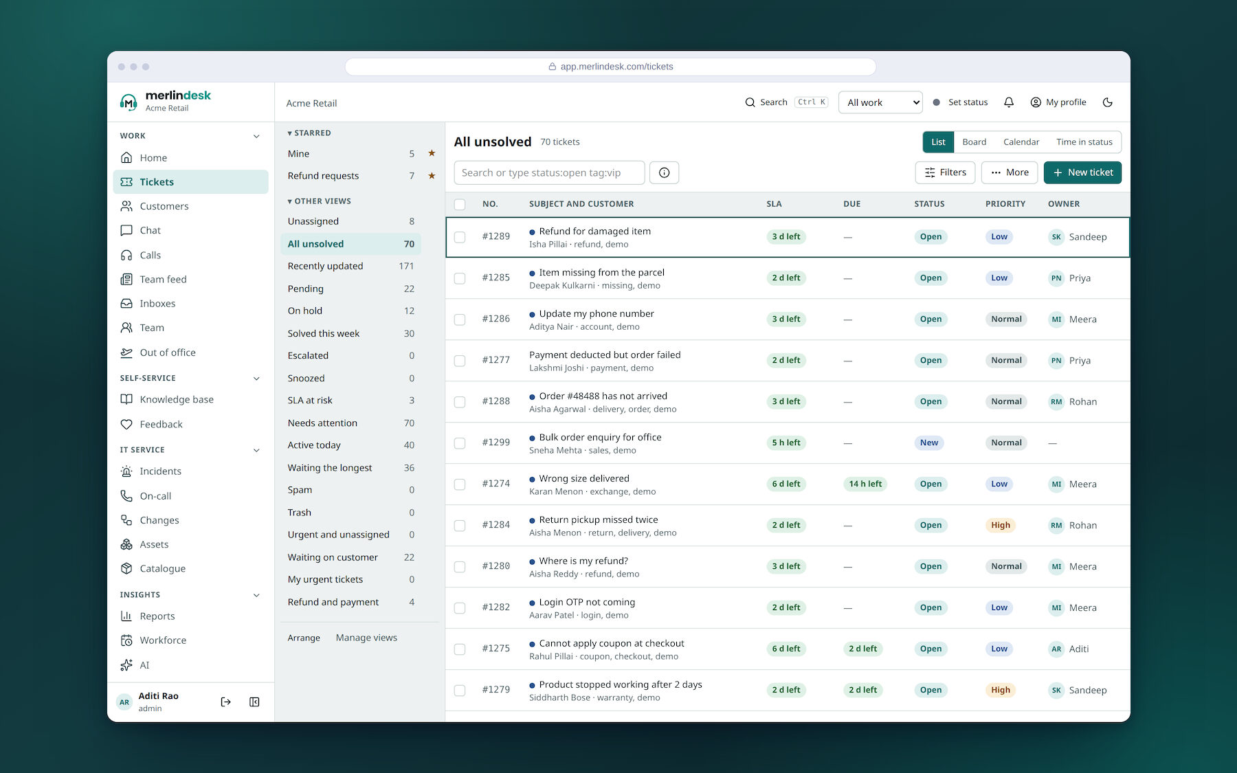 The MerlinDesk ticket list: saved views with counts down the left, the unsolved tickets with the time left to reply, status, priority and owner.